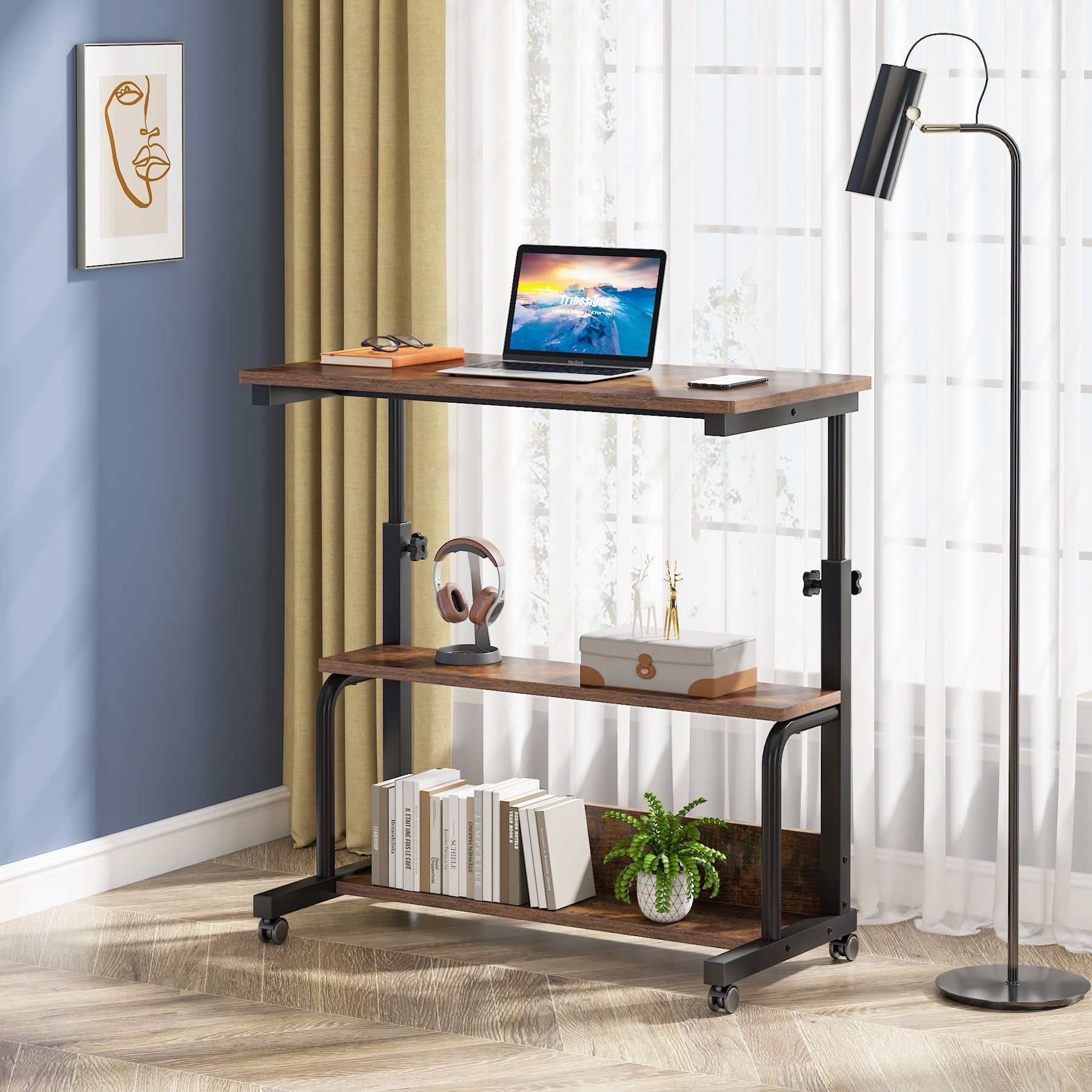 C Table, Height Adjustable Bedside Sofa Table with Wheels Tribesigns